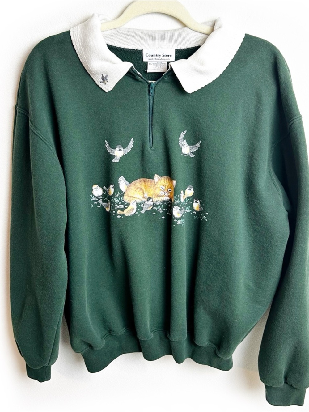 Country Store Vintage 90's collared 1/4 zip sleeping kitten sweater size: XL